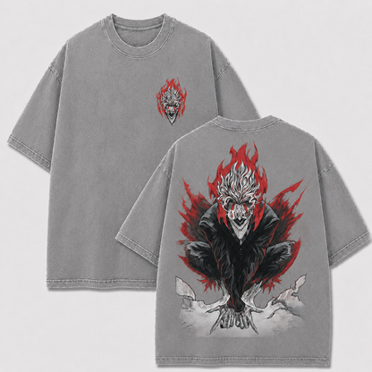 Oversized Streetwear Graphic Tee – Crouching Flame Demon Print