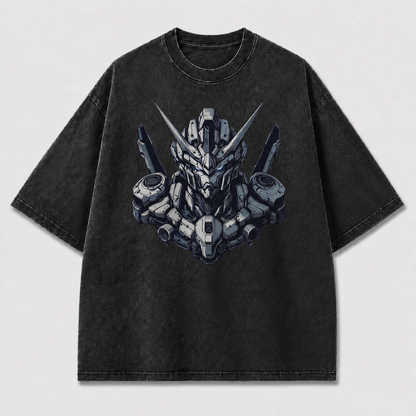 Oversized Unicorn Mecha Graphic Tee – Detailed Headshot Print Top