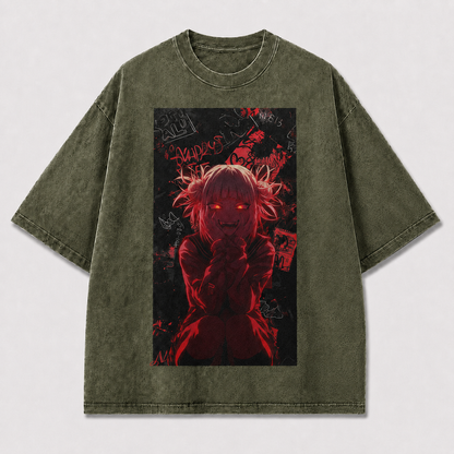 Oversized Dark Horror Graphic Tee – Crimson Grunge Print Top