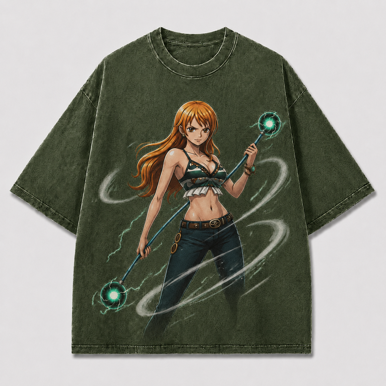 Oversized Streetwear Graphic Tee – Twin Orb Staff Weapon Print