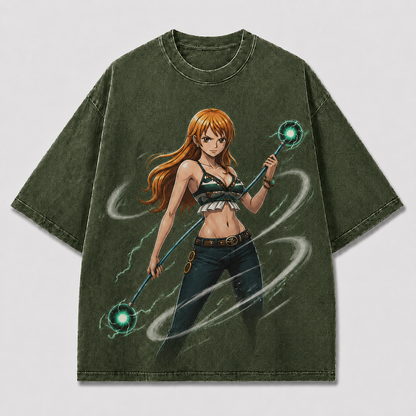 Oversized Streetwear Graphic Tee – Twin Orb Staff Weapon Print