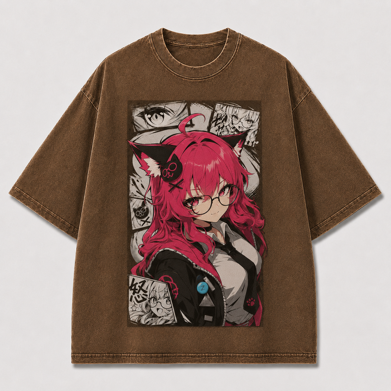 Oversized Graphic Print T-Shirt – Cat-Ear Waifu Streetwear Tee