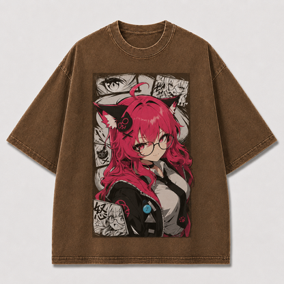 Oversized Graphic Print T-Shirt – Cat-Ear Waifu Streetwear Tee