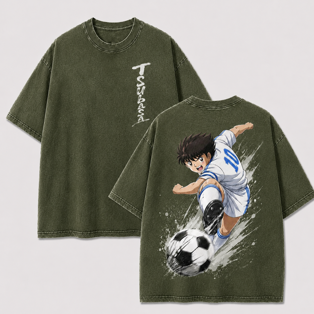 Tsubasa Ozora vintage washed anime soccer shirt in olive khaki with soccer graphic
