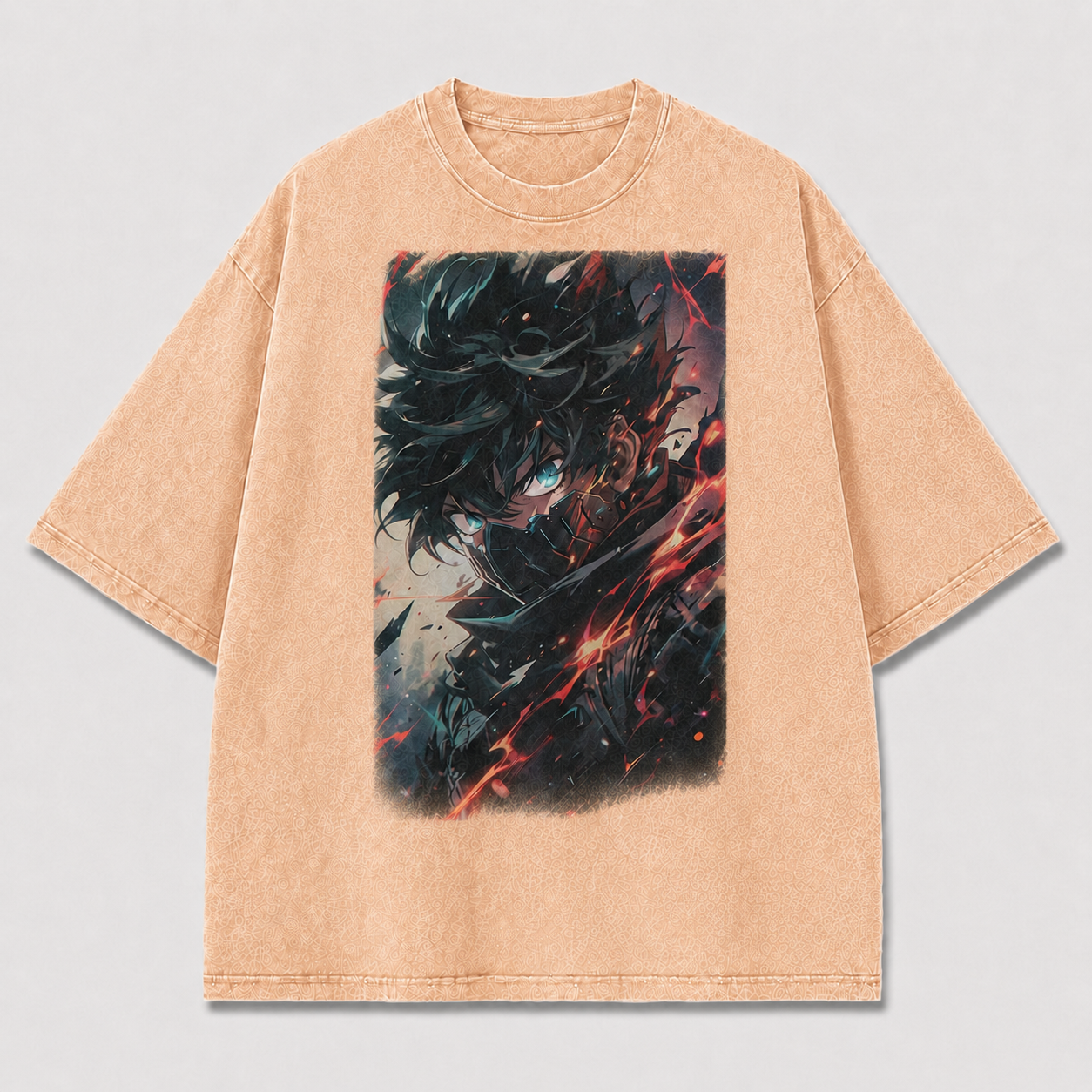 Oversized Dark Portrait Graphic Tee – Fractured Flame Print Top