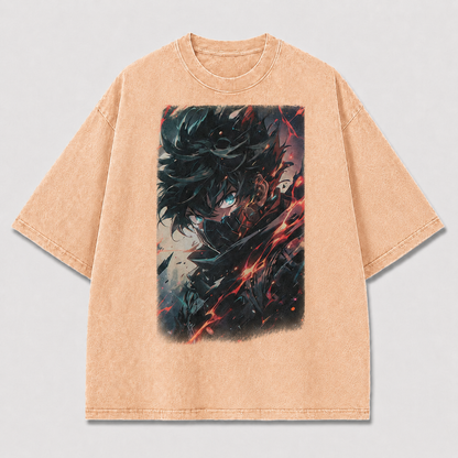 Oversized Dark Portrait Graphic Tee – Fractured Flame Print Top