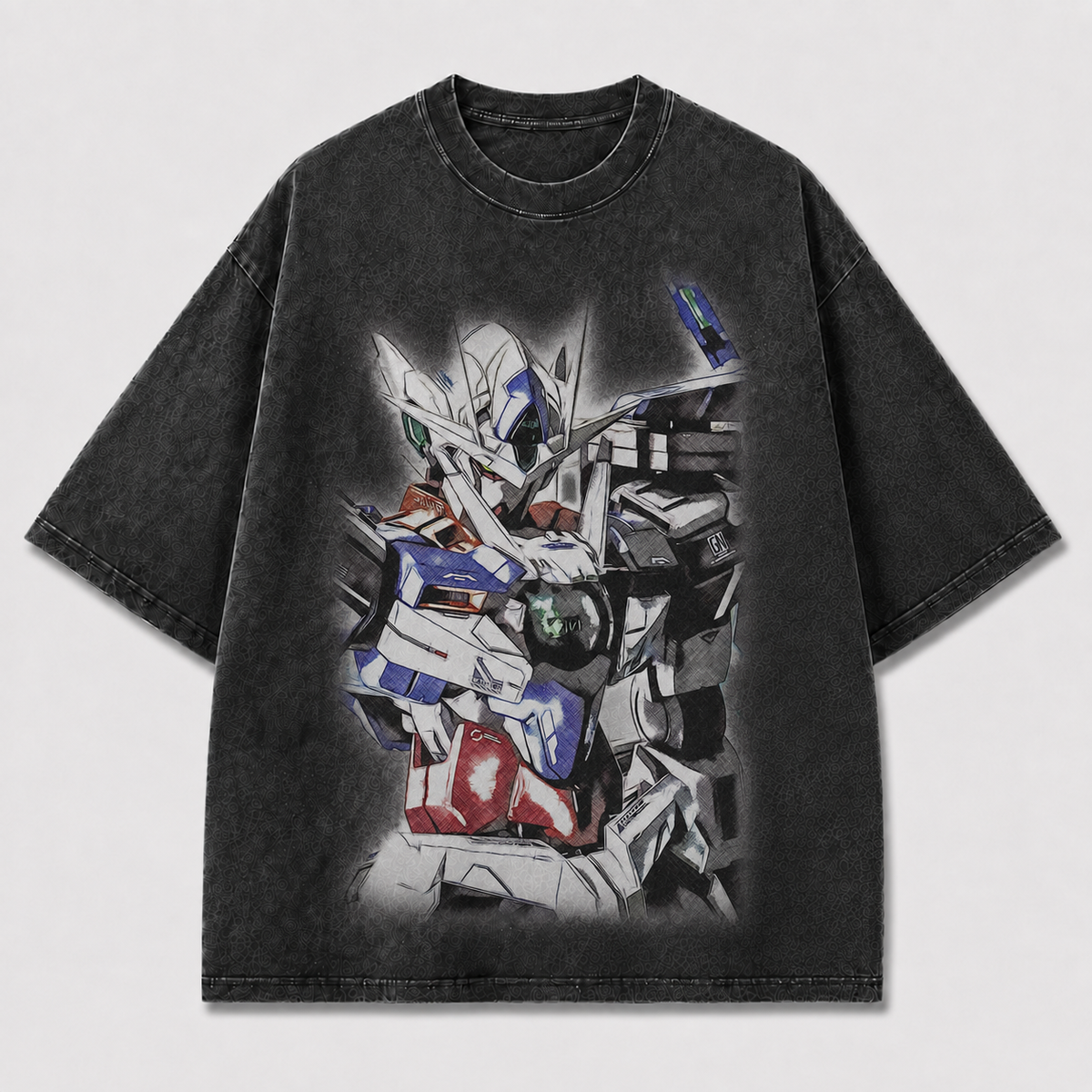 Oversized Grunge Sketch Mecha Graphic Tee – Faded Print Top