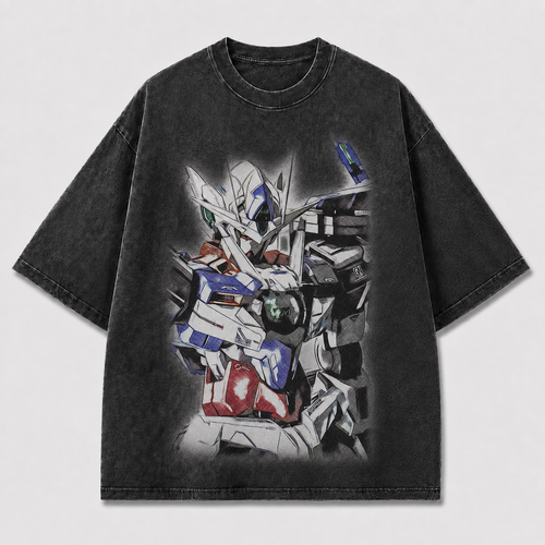 Oversized Grunge Sketch Mecha Graphic Tee – Faded Print Top