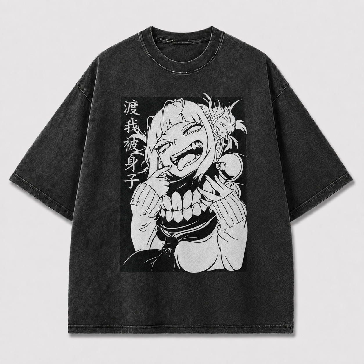 Oversized Manga Grin Graphic Tee – Monochrome Print Top