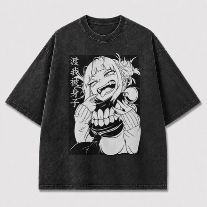 Oversized Manga Grin Graphic Tee – Monochrome Print Top