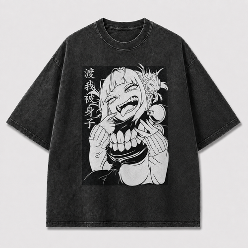 Oversized Manga Grin Graphic Tee – Monochrome Print Top