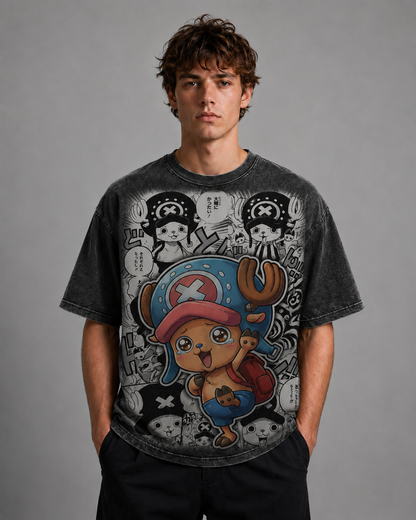Oversized Streetwear Graphic Tee – Manga Panel Mascot Sticker Print
