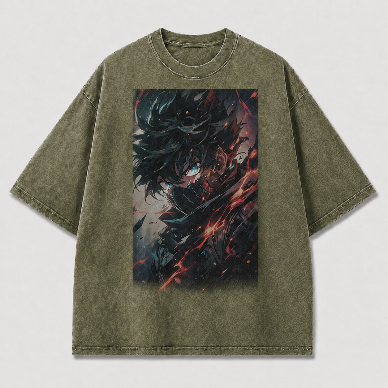 Oversized Dark Portrait Graphic Tee – Fractured Flame Print Top
