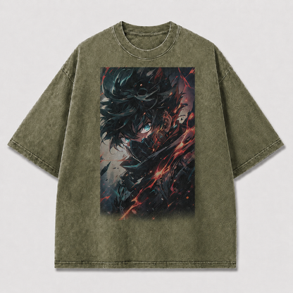 Oversized Dark Portrait Graphic Tee – Fractured Flame Print Top
