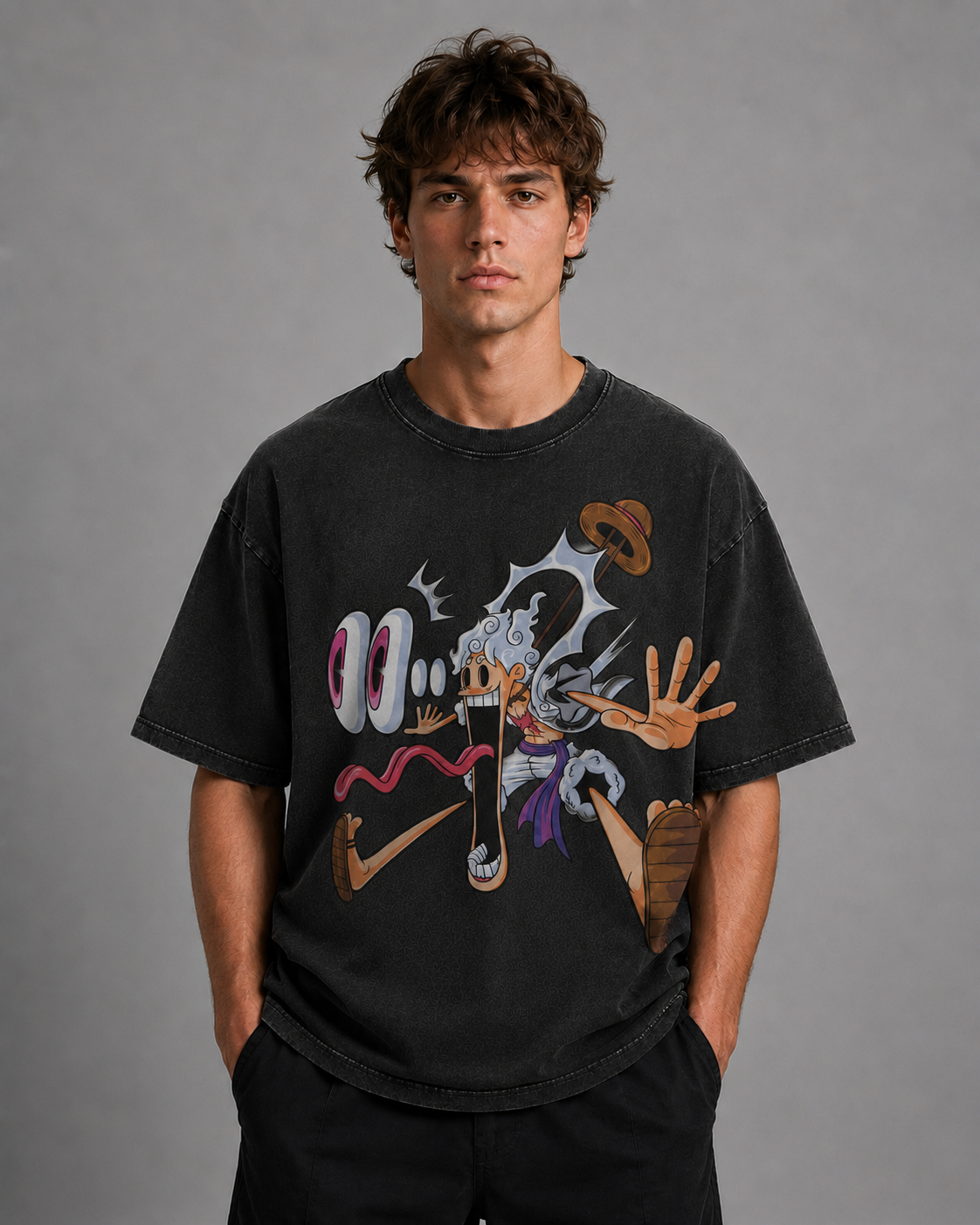 Oversized Streetwear Graphic Tee – Exaggerated Cartoon Stretch Print