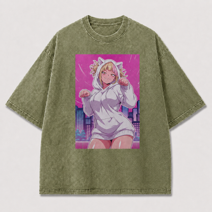 Oversized Neon City Character Graphic Tee – Playful Print Top