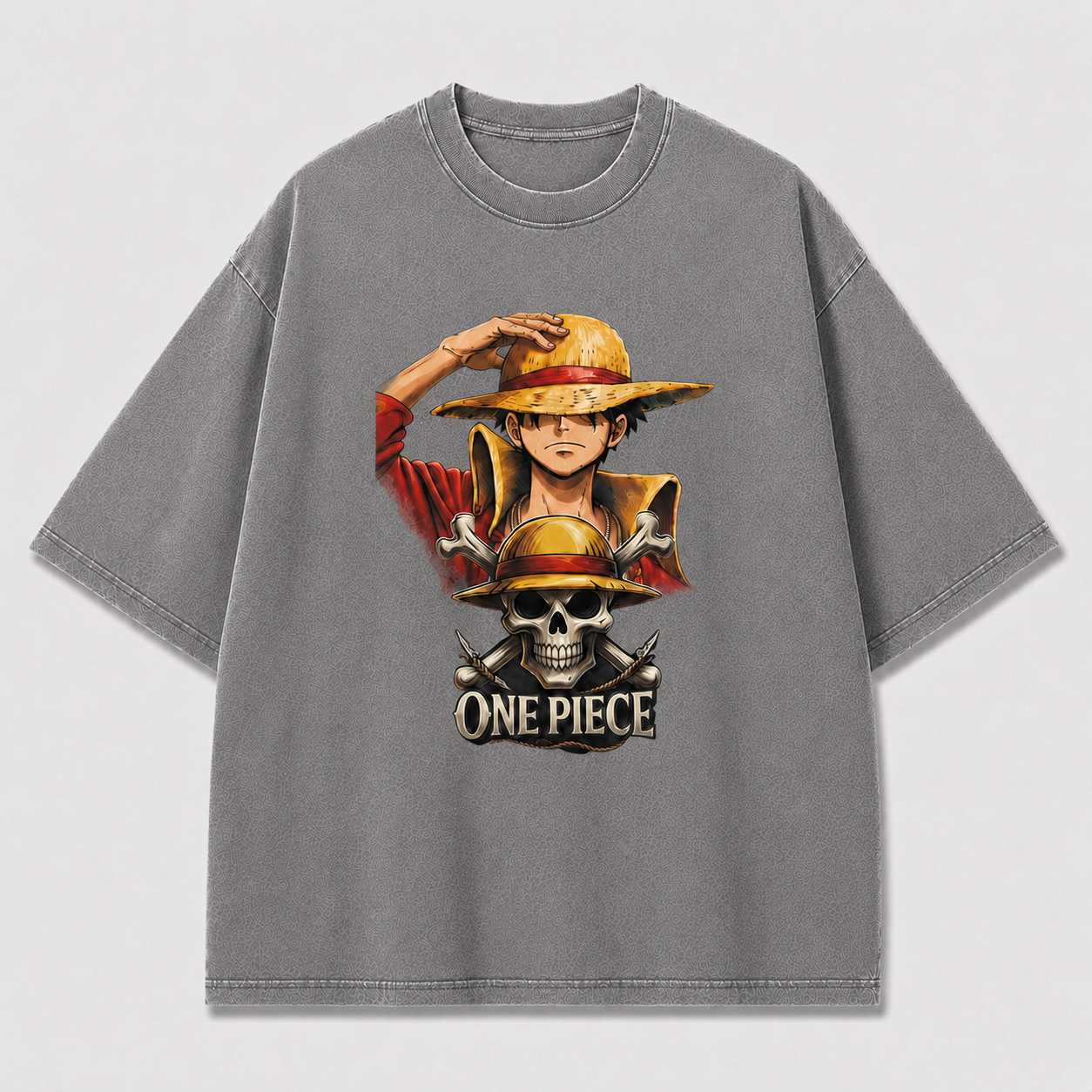 Oversized Streetwear Graphic Tee – Straw Hat Portrait Skull Badge Print