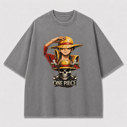 Oversized Streetwear Graphic Tee – Straw Hat Portrait Skull Badge Print