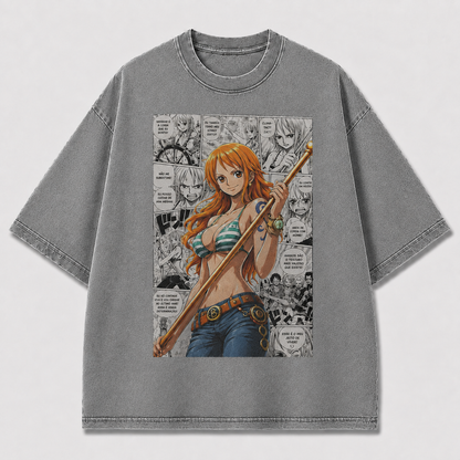 Oversized Graphic Print T-Shirt – Pirate Waifu Manga Streetwear Tee
