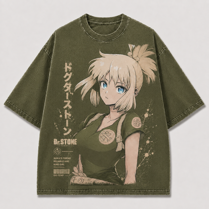 Oversized Sepia Portrait Graphic Tee – Badge Print Top