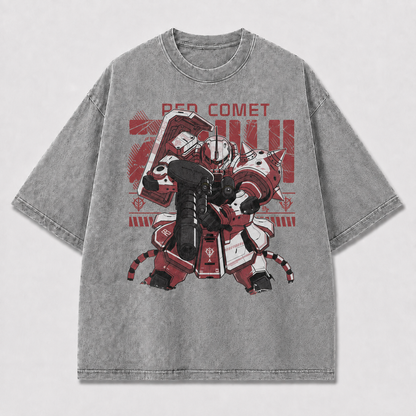 Oversized Crimson Mecha Graphic Tee – Military Poster Print Top