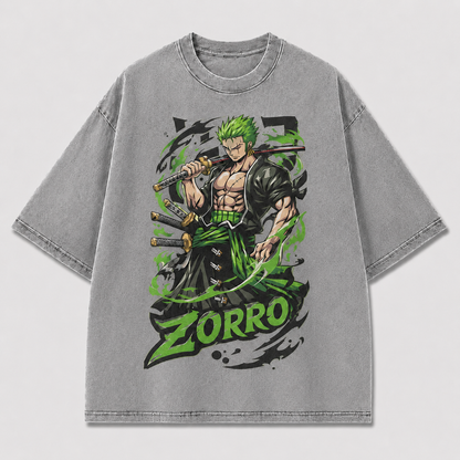 Oversized Graphic Print T-Shirt – Green-Haired Swordsman Streetwear Tee