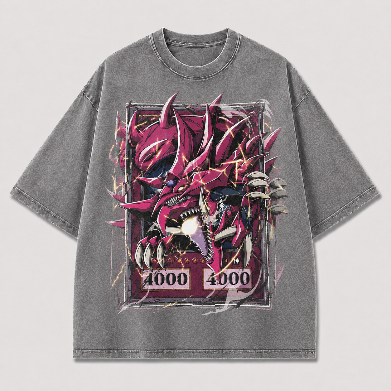 Oversized Crimson Horned Beast Graphic Tee – Card-Frame Print Top