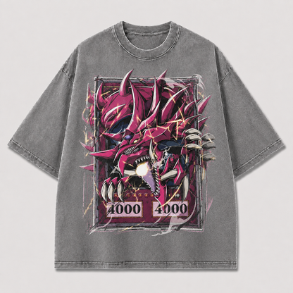 Oversized Crimson Horned Beast Graphic Tee – Card-Frame Print Top