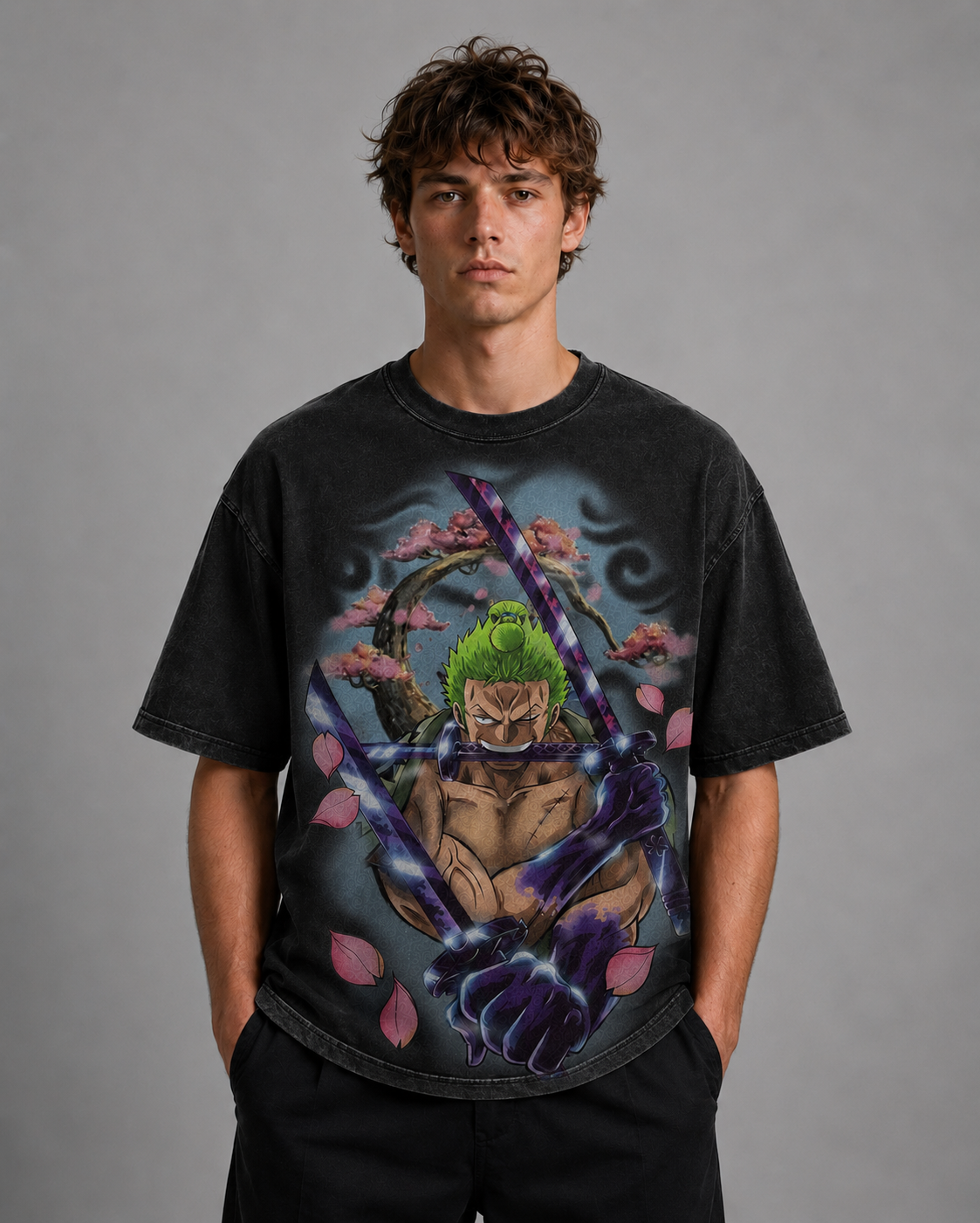 Oversized Graphic Print T-Shirt – Swordsman Cherry Blossom Streetwear Tee