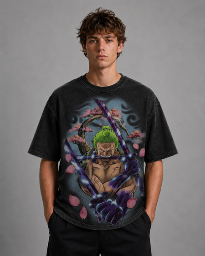 Oversized Graphic Print T-Shirt – Swordsman Cherry Blossom Streetwear Tee