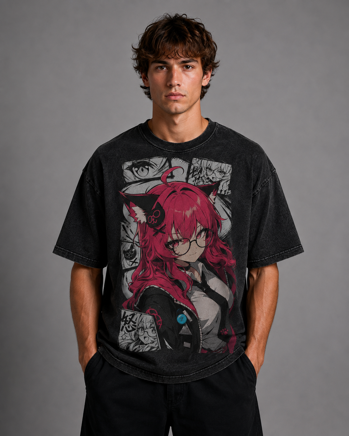 Oversized Graphic Print T-Shirt – Cat-Ear Waifu Streetwear Tee