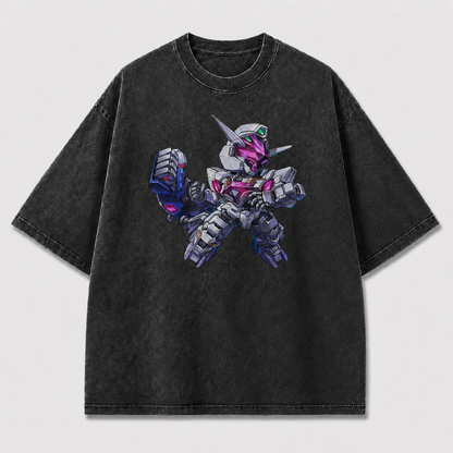 Oversized Chibi Mecha Graphic Tee – Crystal Detail Print Top