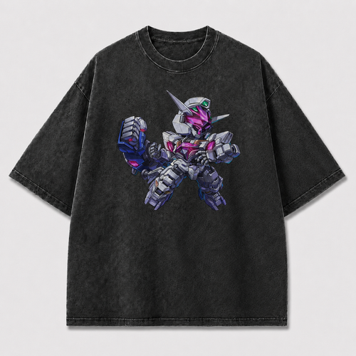 Oversized Chibi Mecha Graphic Tee – Crystal Detail Print Top