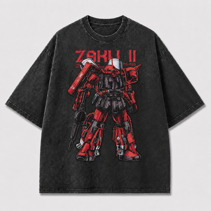 Oversized Crimson Mecha Standing Graphic Tee – Technical Print Top