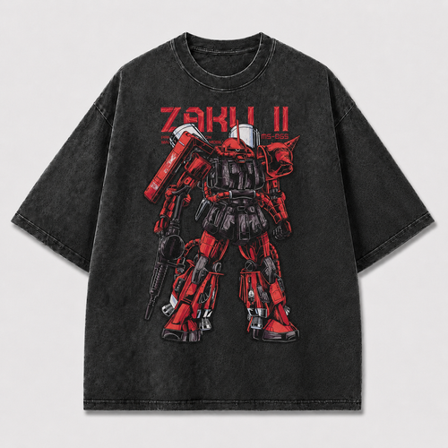 Oversized Crimson Mecha Standing Graphic Tee – Technical Print Top