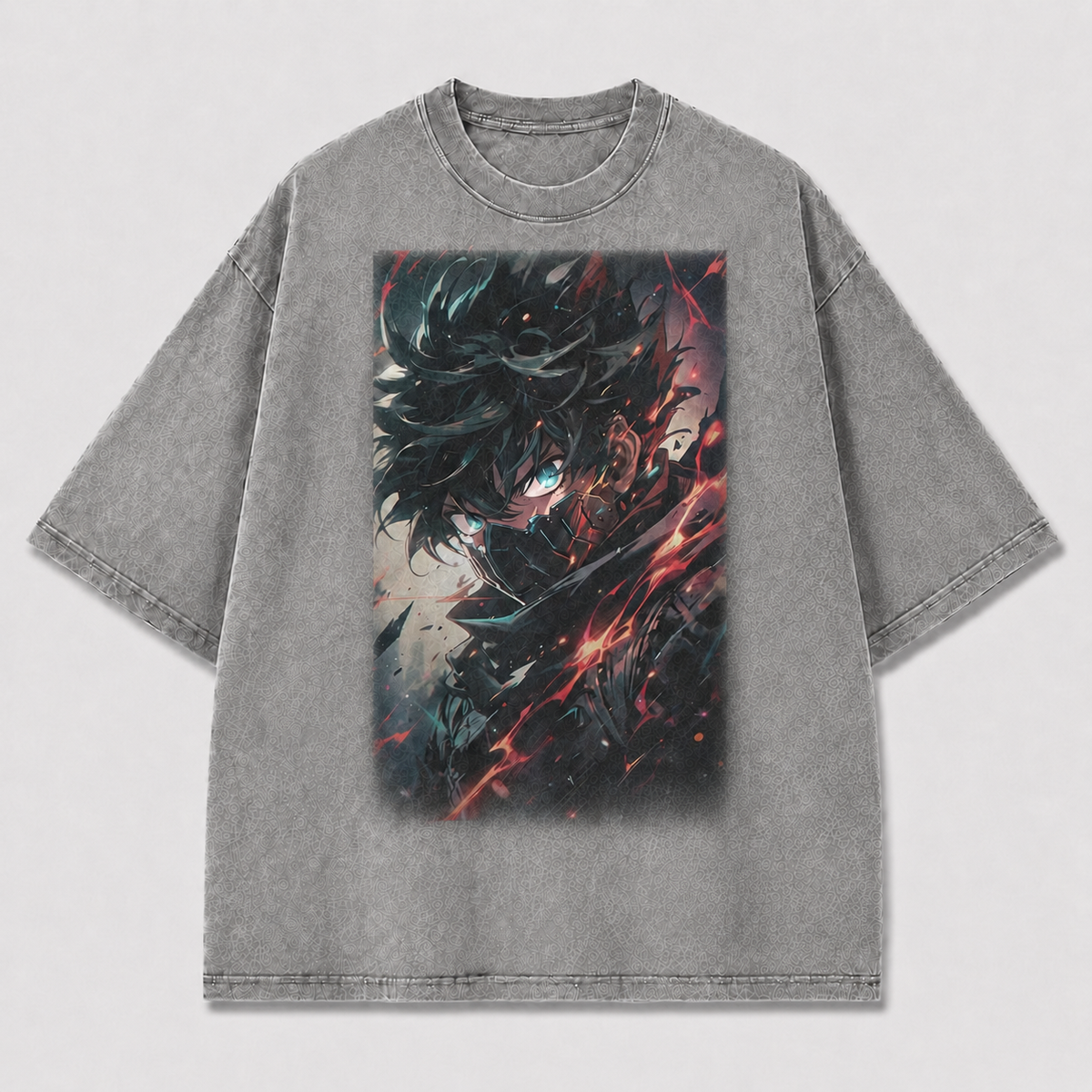 Oversized Dark Portrait Graphic Tee – Fractured Flame Print Top