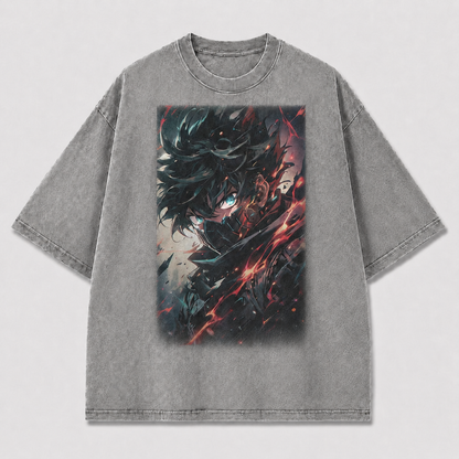 Oversized Dark Portrait Graphic Tee – Fractured Flame Print Top