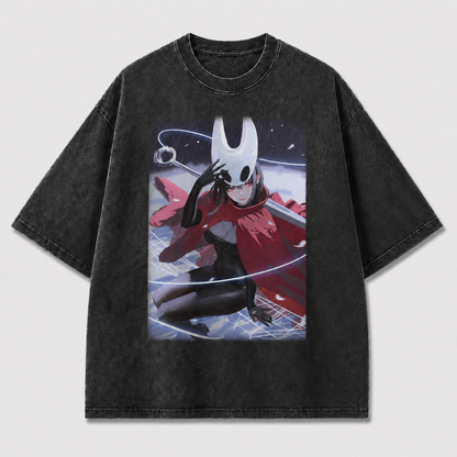 Horned Mask Girl Crouching Graphic Print Oversized Tee