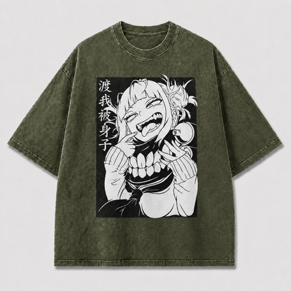 Oversized Manga Grin Graphic Tee – Monochrome Print Top