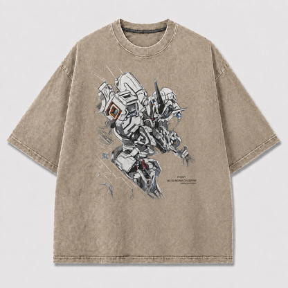 Oversized Sketch-Style Mecha Graphic Tee – Dynamic Print Top