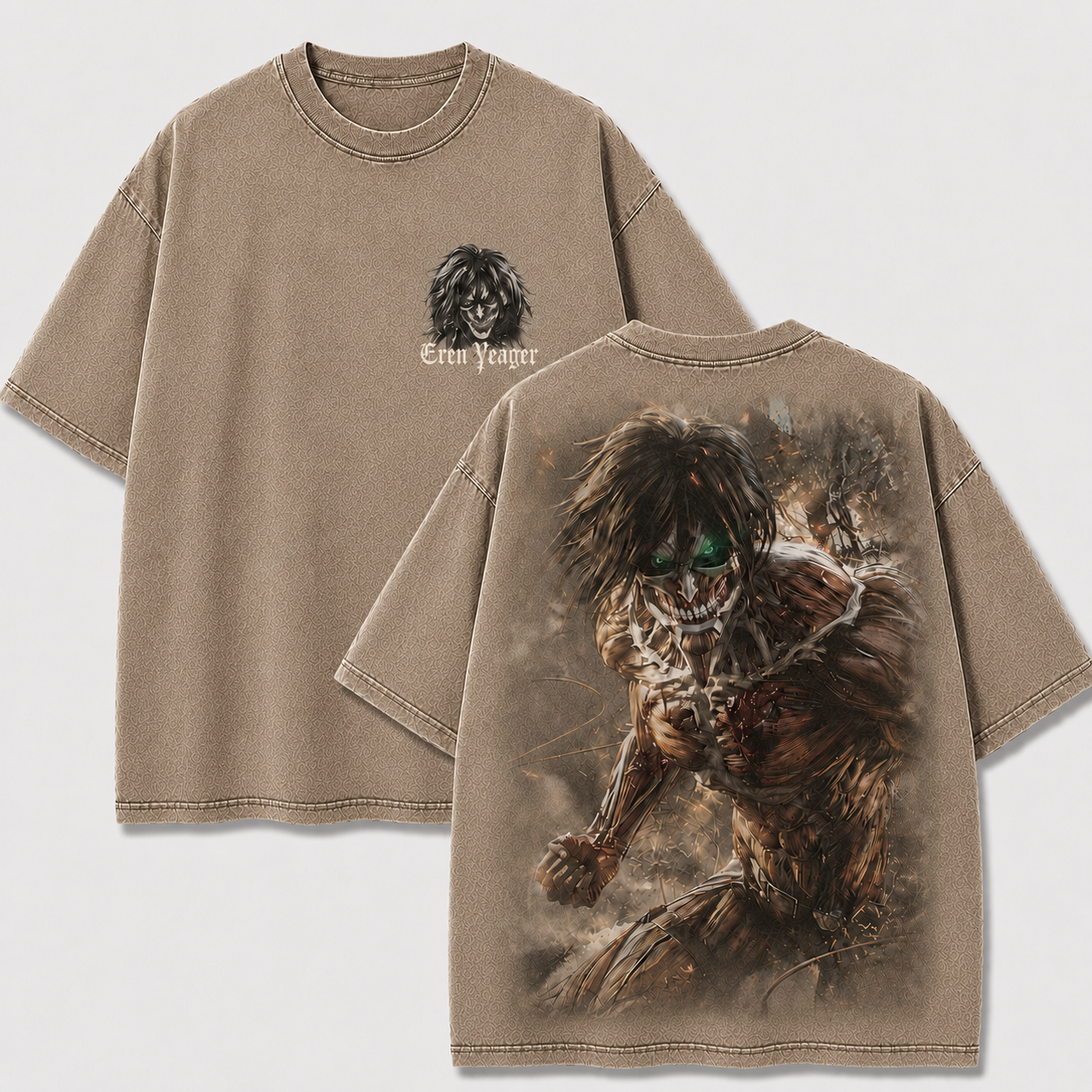 Apricot Eren Yeager Attack Titan vintage washed shirt featuring a full-body battle graphic on the back