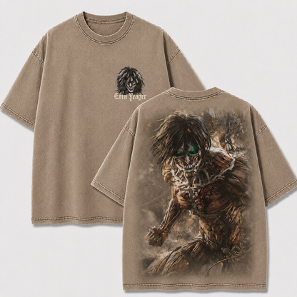 Apricot Eren Yeager Attack Titan vintage washed shirt featuring a full-body battle graphic on the back