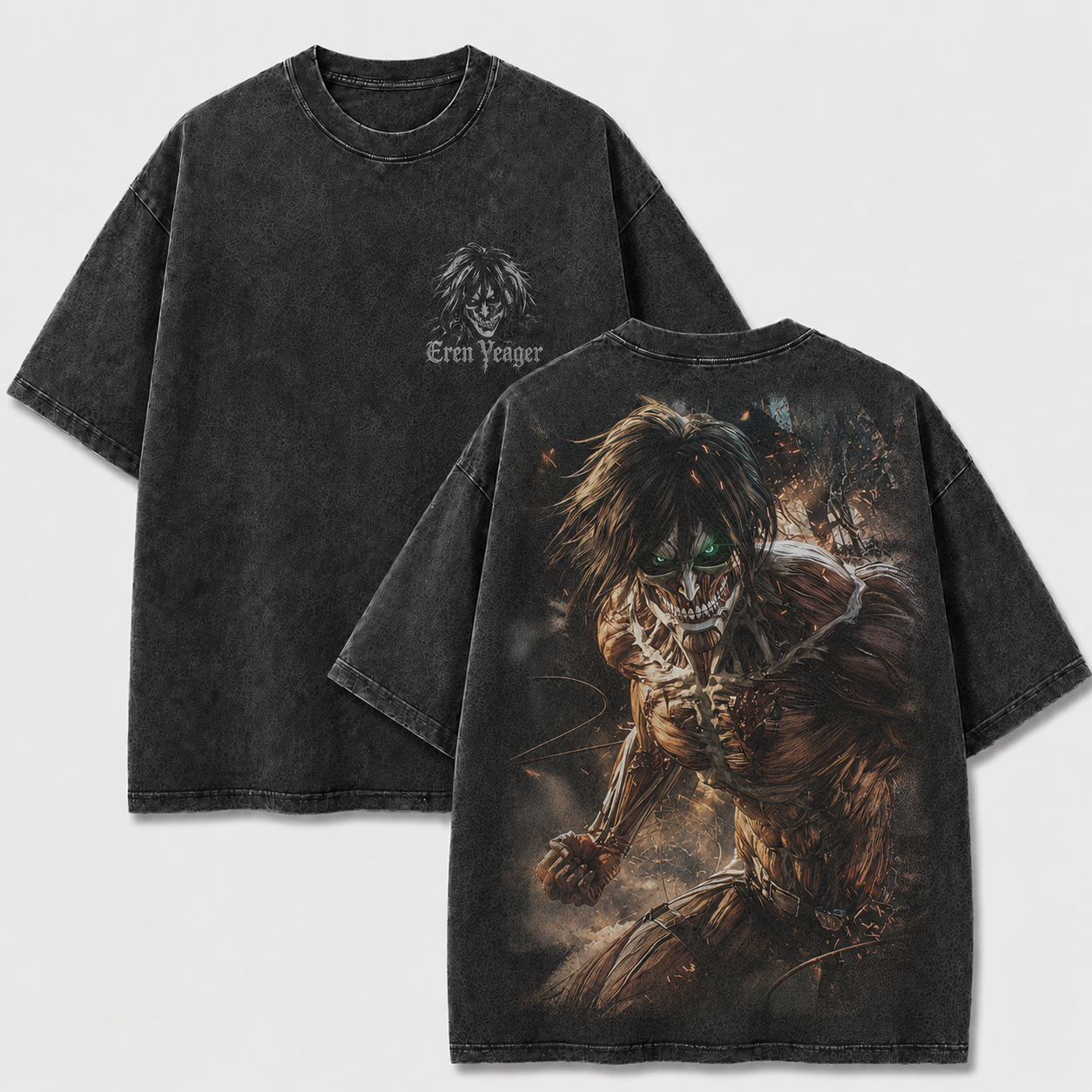 Black Eren Yeager Attack Titan oversized graphic tee with glowing green eyes, smoke and battle sparks