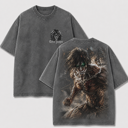 Gray Eren Yeager Attack Titan washed oversized T-shirt with a small front portrait and glowing green eye back graphic