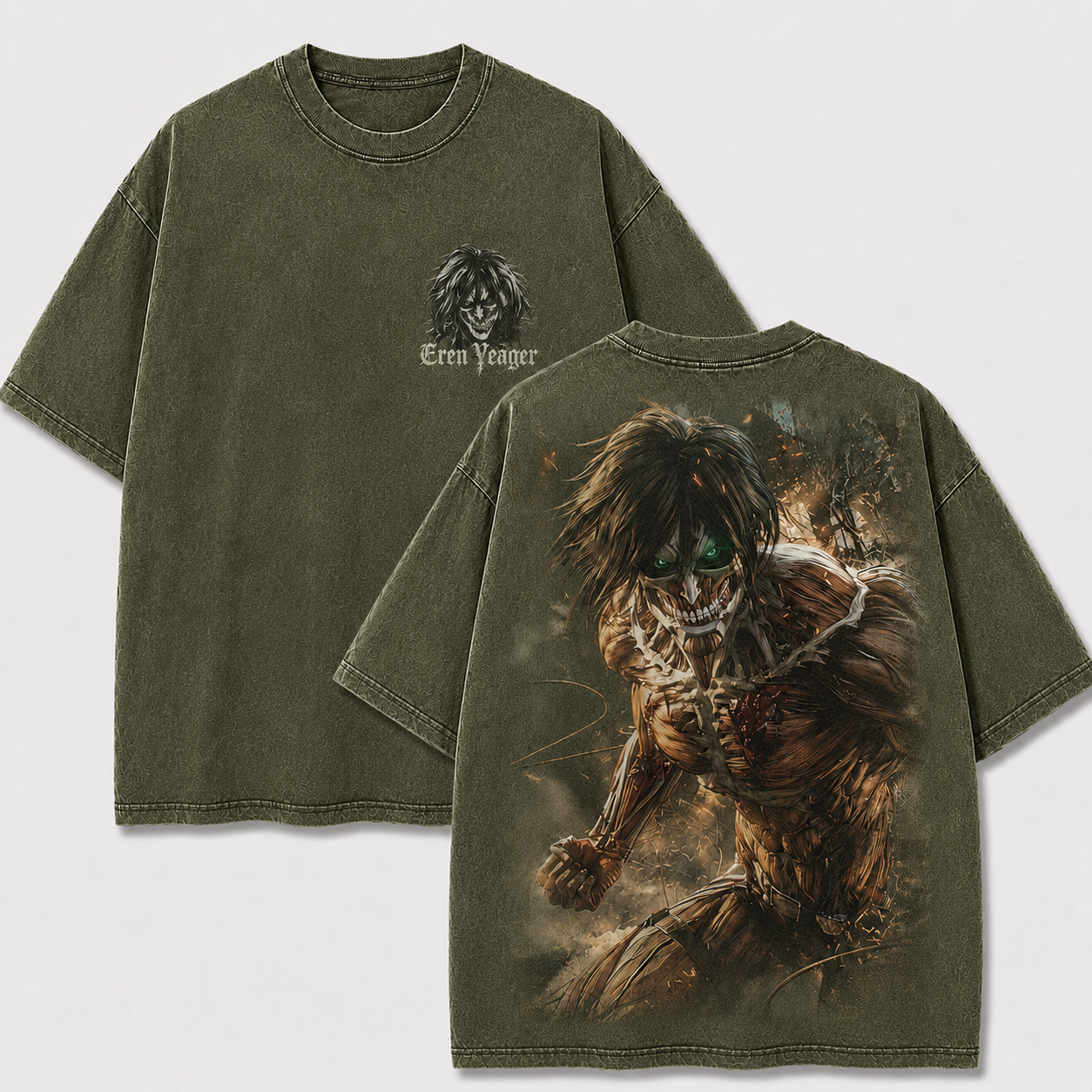 Khaki Eren Yeager Attack Titan washed anime T-shirt with a small front print and large Titan back artwork