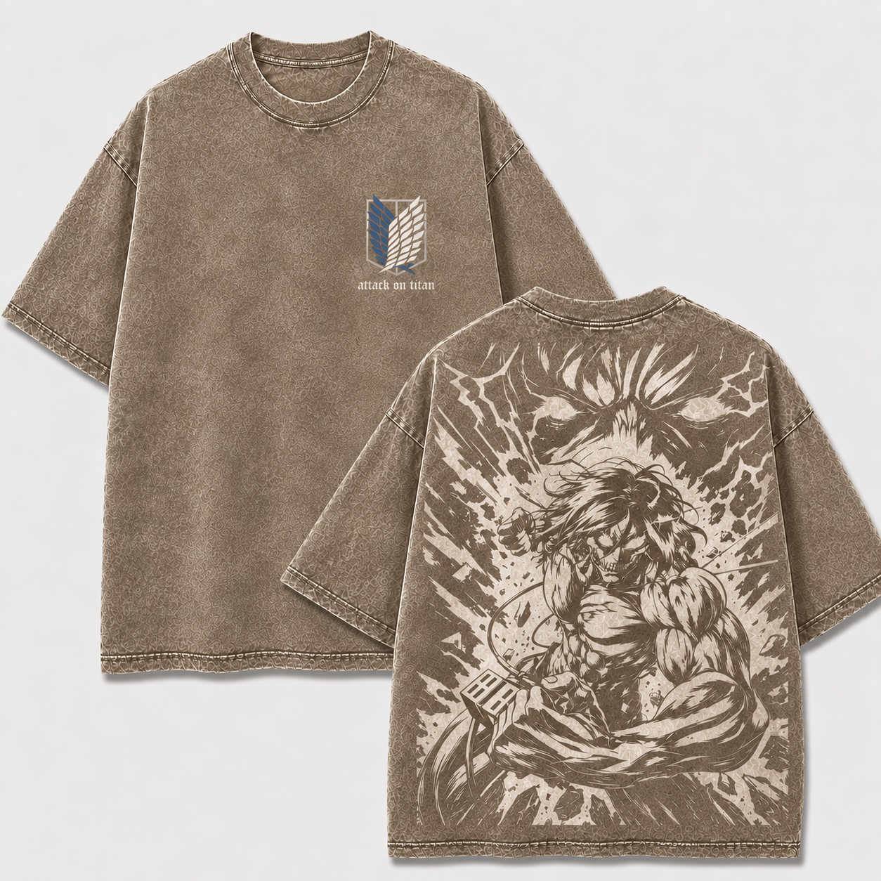 Apricot Eren Yeager Attack Titan washed oversized T-shirt with Survey Corps front emblem and manga back graphic