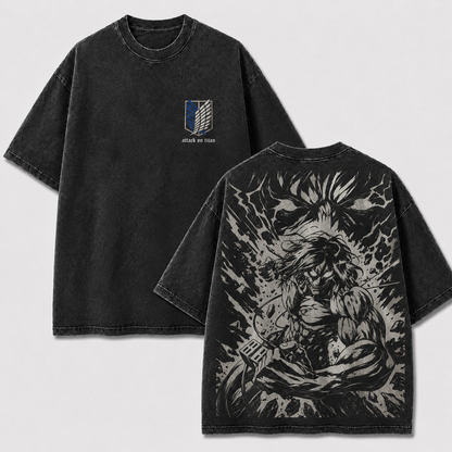 Black Eren Yeager Attack Titan washed oversized T-shirt with Wings of Freedom chest emblem and large back print