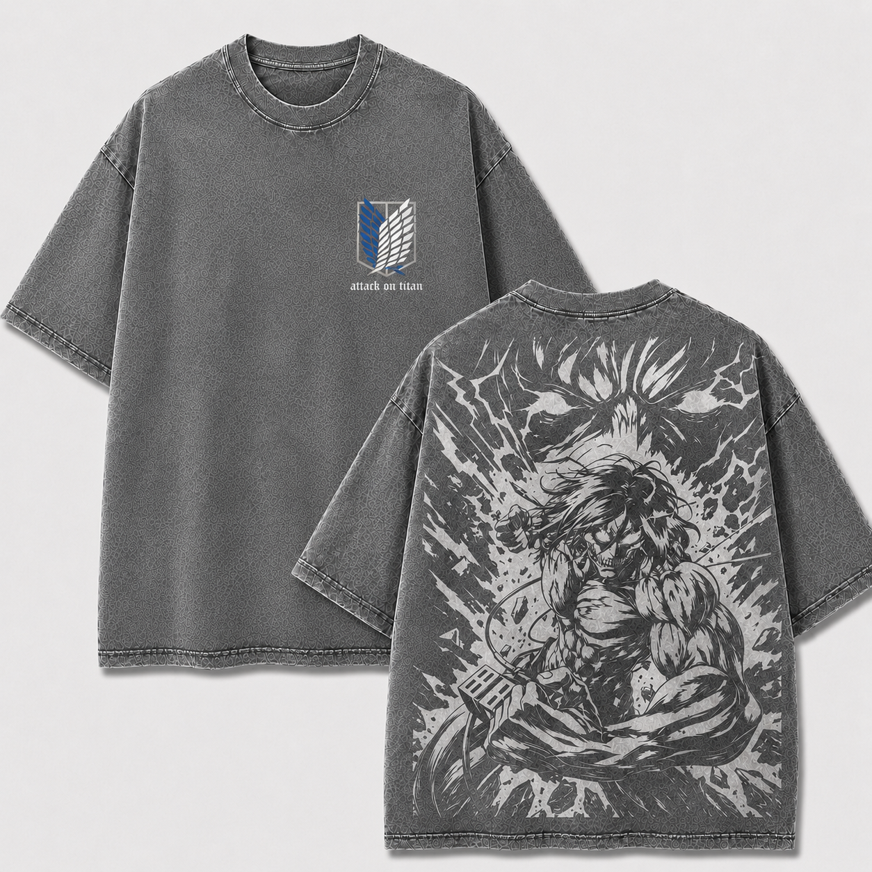 Gray Eren Yeager Attack Titan washed oversized T-shirt with monochrome manga artwork on the back