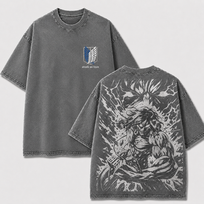 Gray Eren Yeager Attack Titan washed oversized T-shirt with monochrome manga artwork on the back