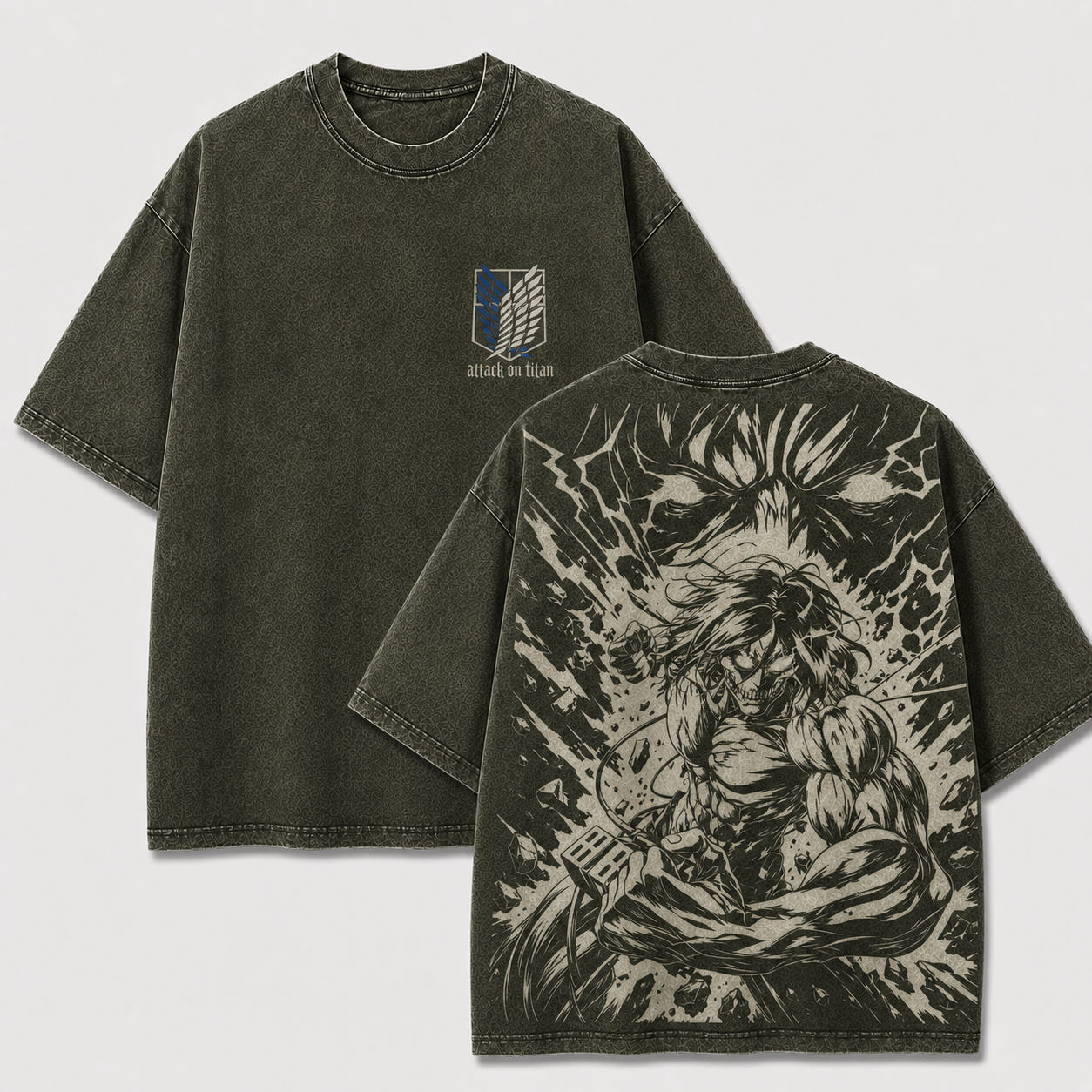 Khaki Eren Yeager Attack Titan washed oversized T-shirt with vintage monochrome anime back graphic